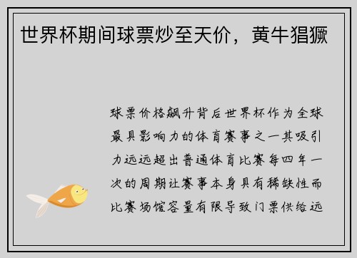 世界杯期间球票炒至天价，黄牛猖獗