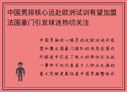 中国男排核心远赴欧洲试训有望加盟法国豪门引发球迷热切关注